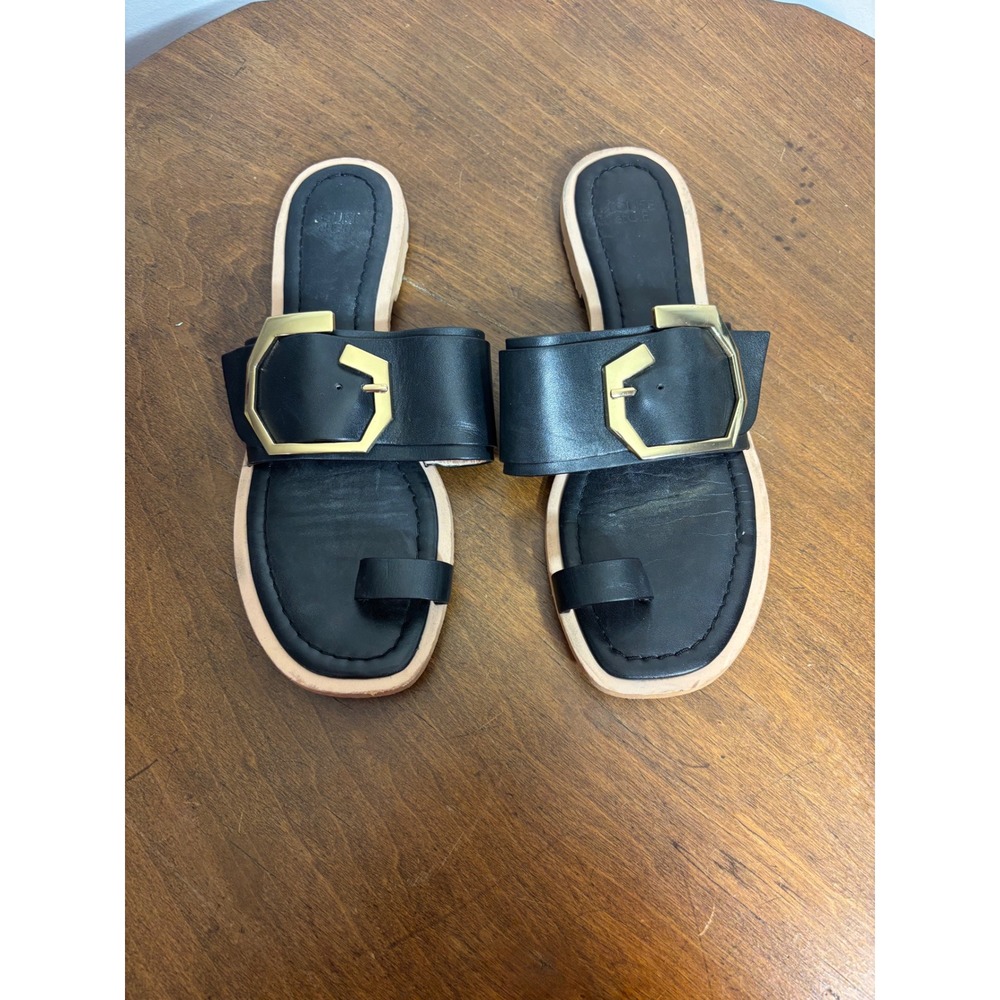 Louise et Cie Black Leather Gold Buckle Toe Ring Slide Sandals Women 9M
